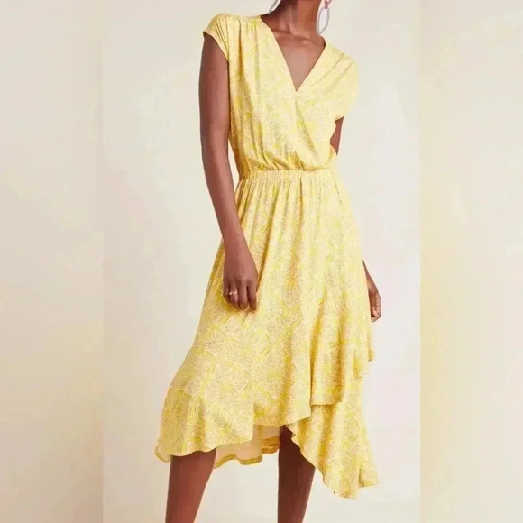 Anthropologie Maeve Fete Wrap Yellow Midi Dress Women's Size XS - Picture 1 of 9